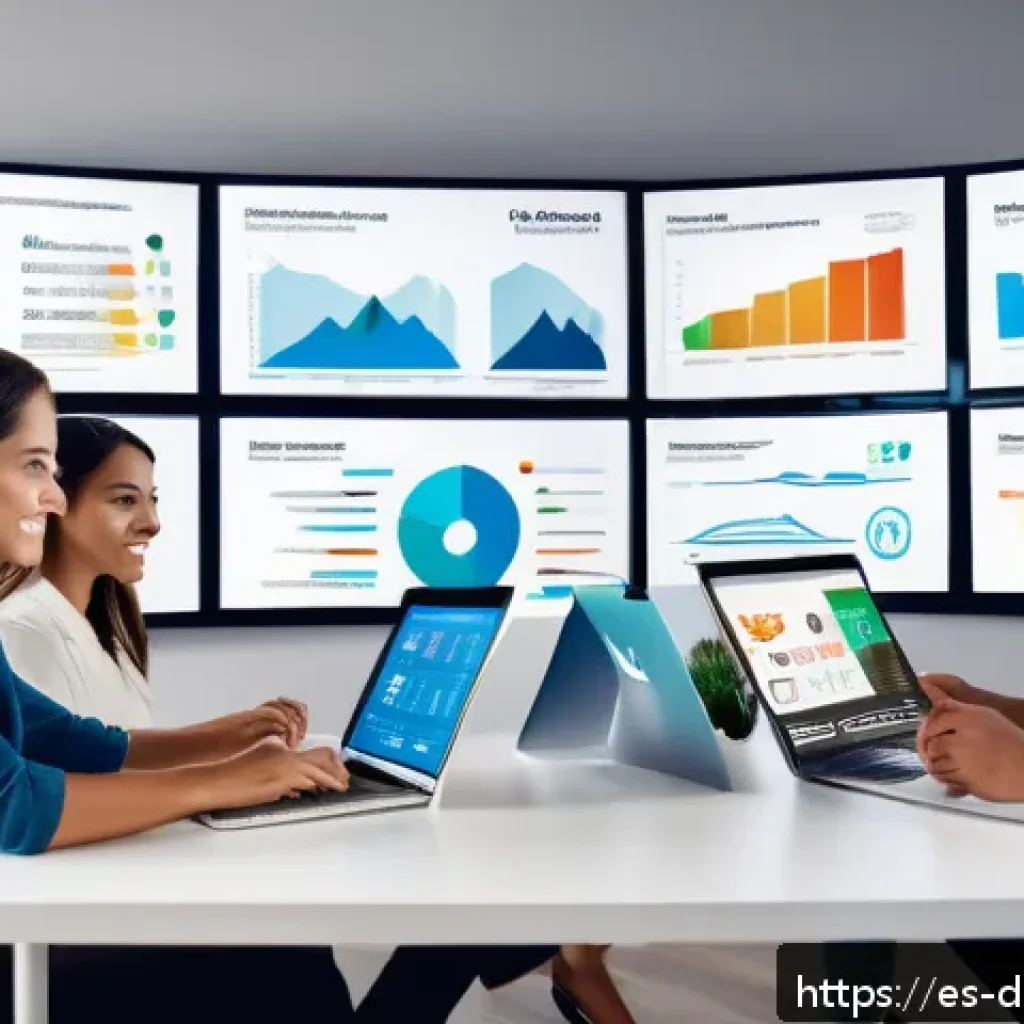 소셜 미디어에서 데이터 수집의 효과성 - A modern digital marketing office scene showing a diverse team of Hispanic professionals analyzing s...