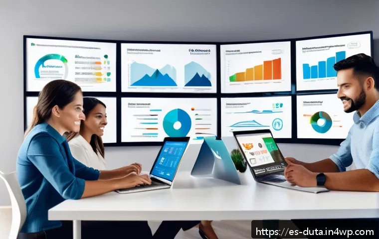 소셜 미디어에서 데이터 수집의 효과성 - A modern digital marketing office scene showing a diverse team of Hispanic professionals analyzing s...